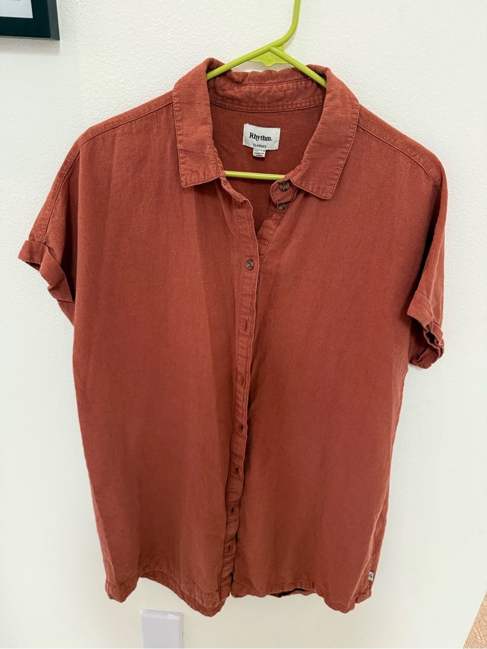 Rhythm. Women's Short Sleeve Button-Down Shirt - Rusty Orange